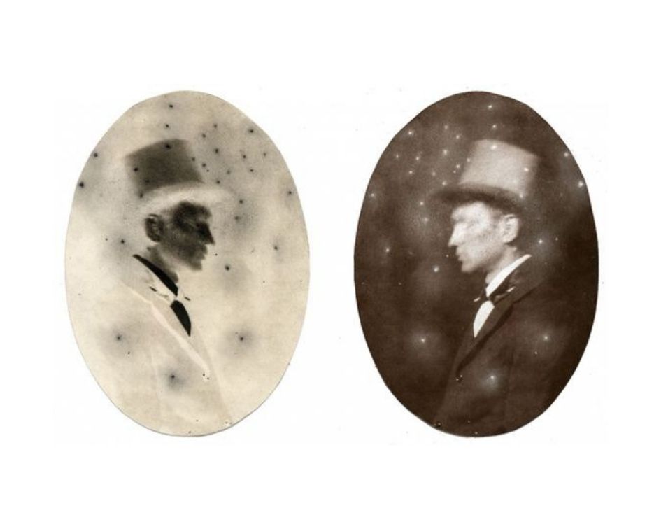 a man with atop hat, calotype and salted paper print