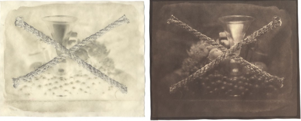 Glass, rope, calotype and salted paper print, still life